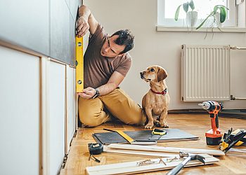 Man Using Spirit Level on Wall with Dog